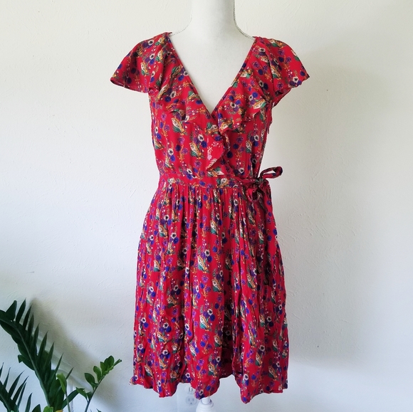 Maeve Dresses & Skirts - Anthropologie Maeve Rosalia Red Floral Wrap Dress